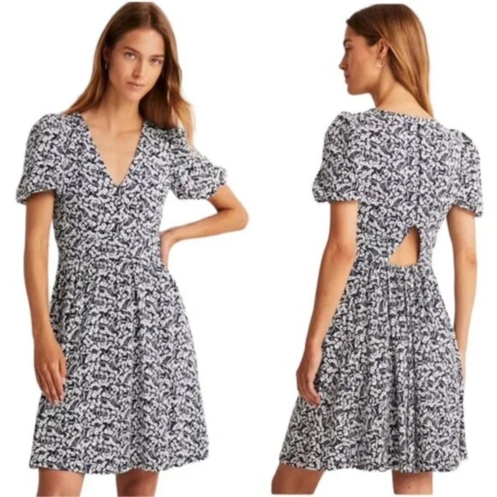 BODEN Back Detail Jersey Puff Sleeve Mini Dress Navy White Floral V-Neck NWT 4 - Picture 1 of 3